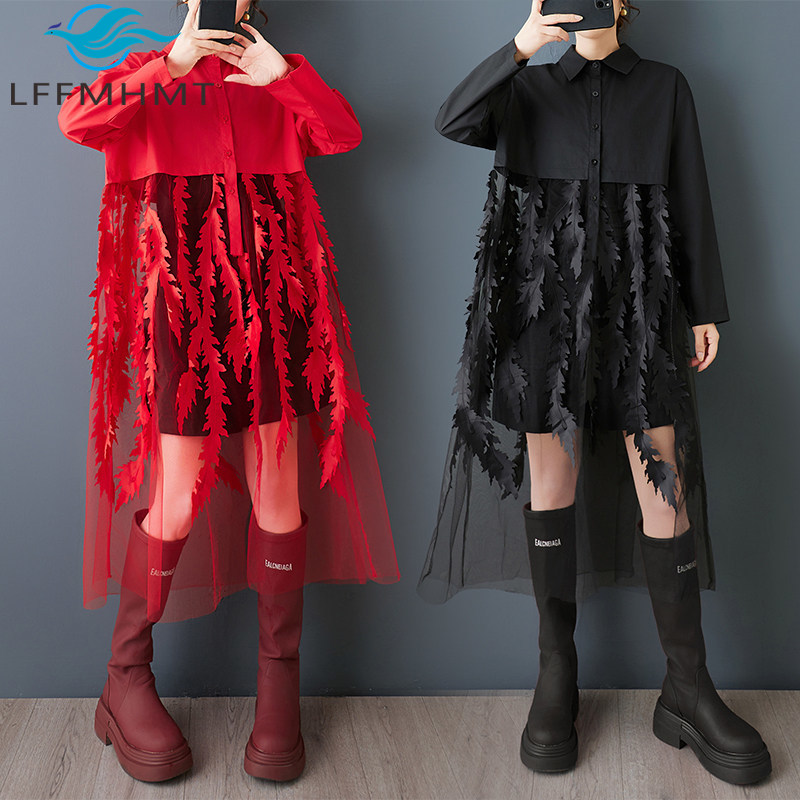 Korean Style A Line Shirt Dress - Gaun kemeja motif bunga longgar baru