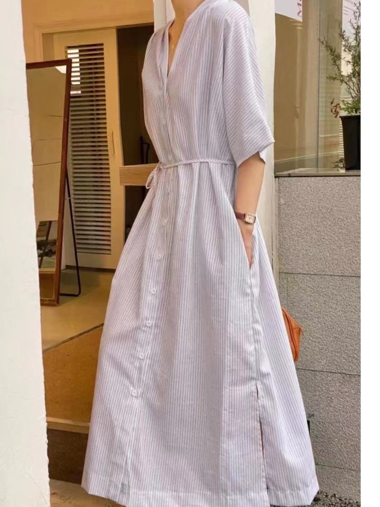 Casual Loose Linen Shirt Dress - Gaun Wanita Kemeja Linen Bergaris Antik