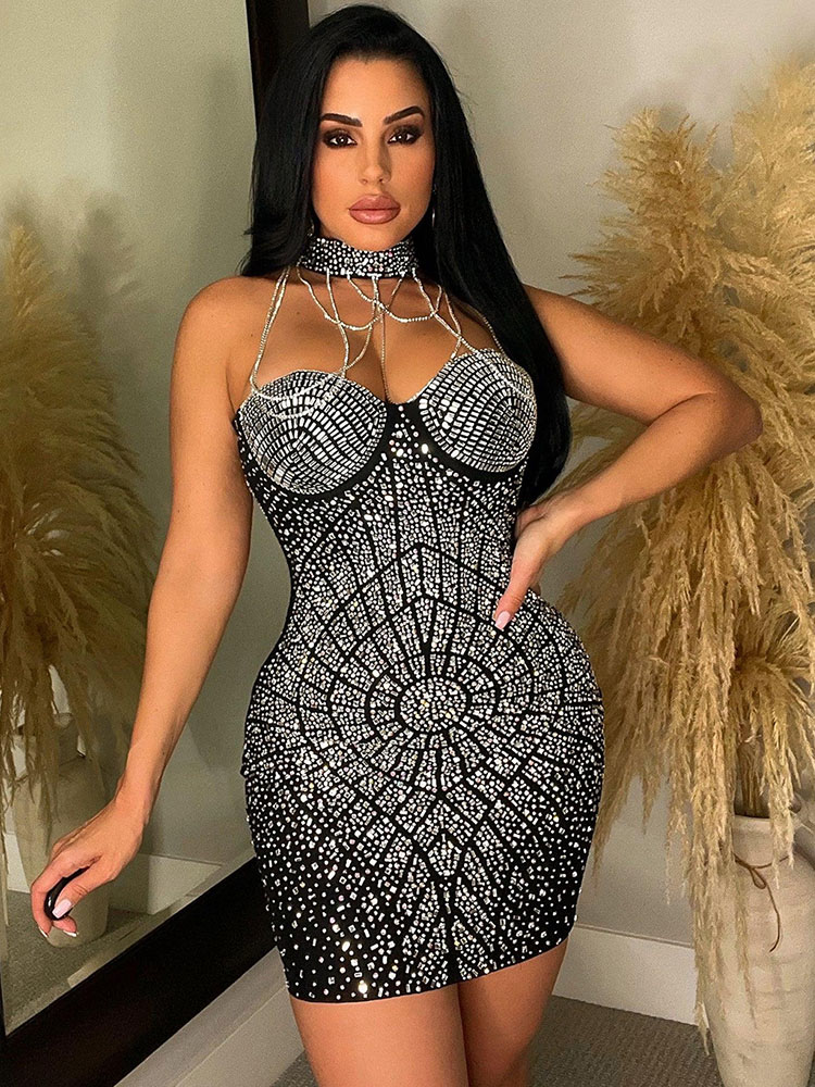 Sparkly Rhinestone Club Party Dress - Doyerl Gaun Ulang Tahun Berlian Imitasi