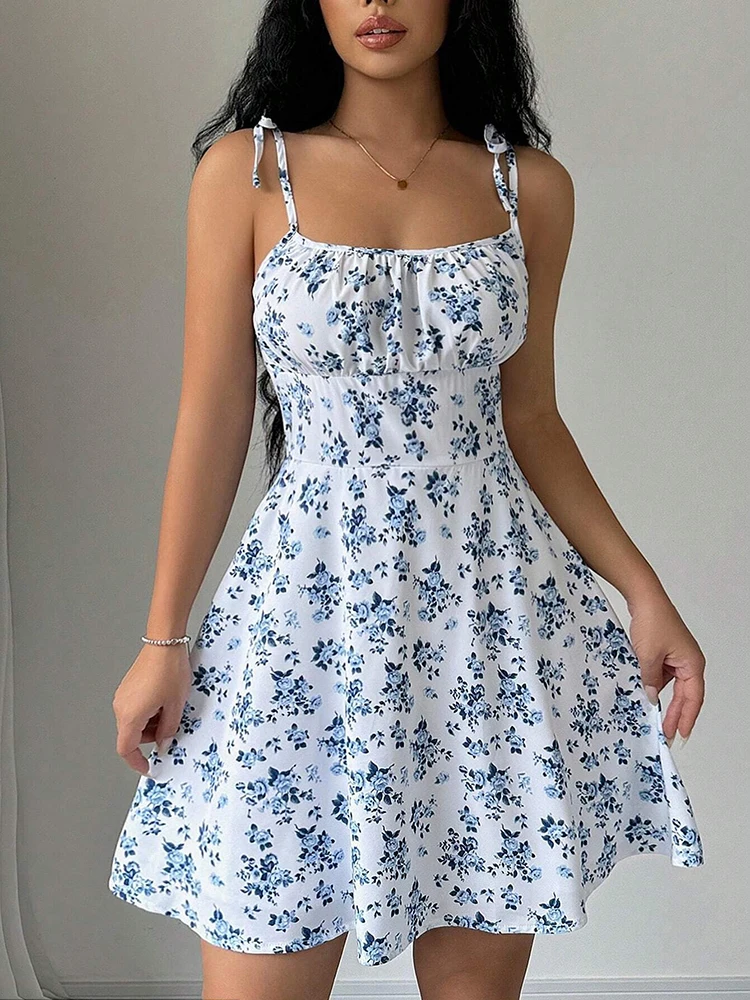 French Vintage Floral Midi Dress - Gaun Pendek Pantai Tali Spaghetti Motif