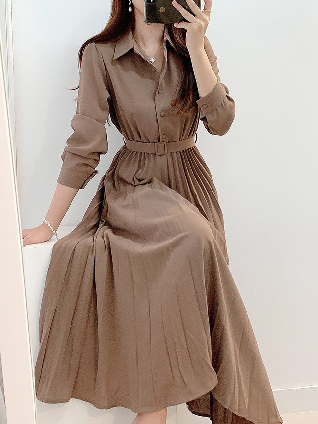 Korean Style A Line Shirt Dress - Gaun Kemeja Panjang Lipit Retro Wanita