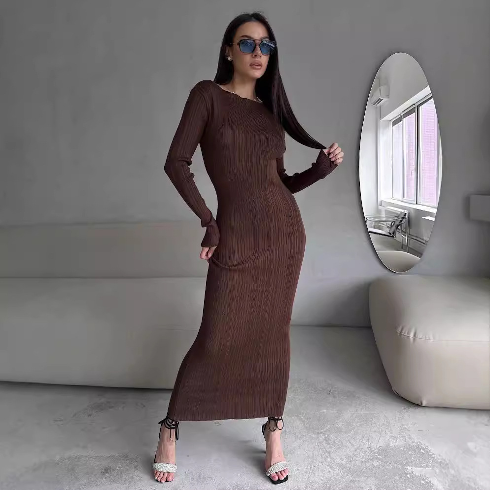 Bodycon Long Sleeve Ribbed Dress - Gaun Maxi Wanita Elegan Kerah Bulat
