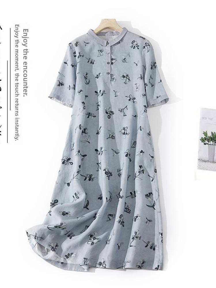 Casual Loose Linen Shirt Dress - Gaun Kemeja Katun Linen Longgar Motif