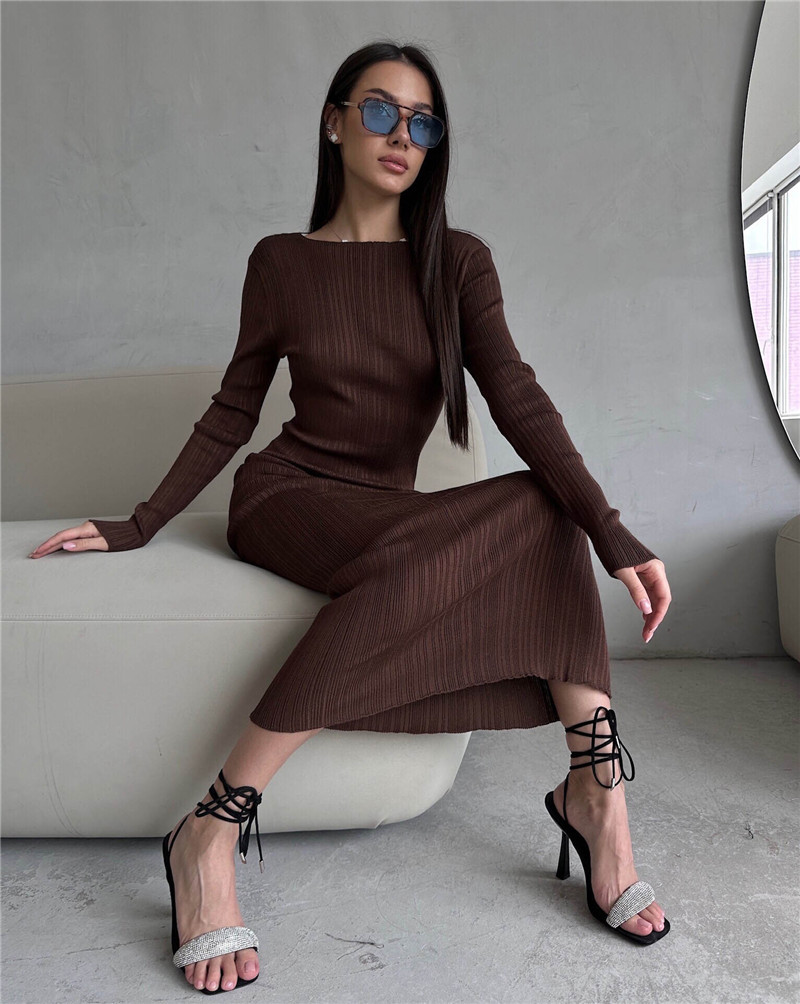 Bodycon Long Sleeve Ribbed Dress - Vsstiar gaun wanita rajut bergaris mode