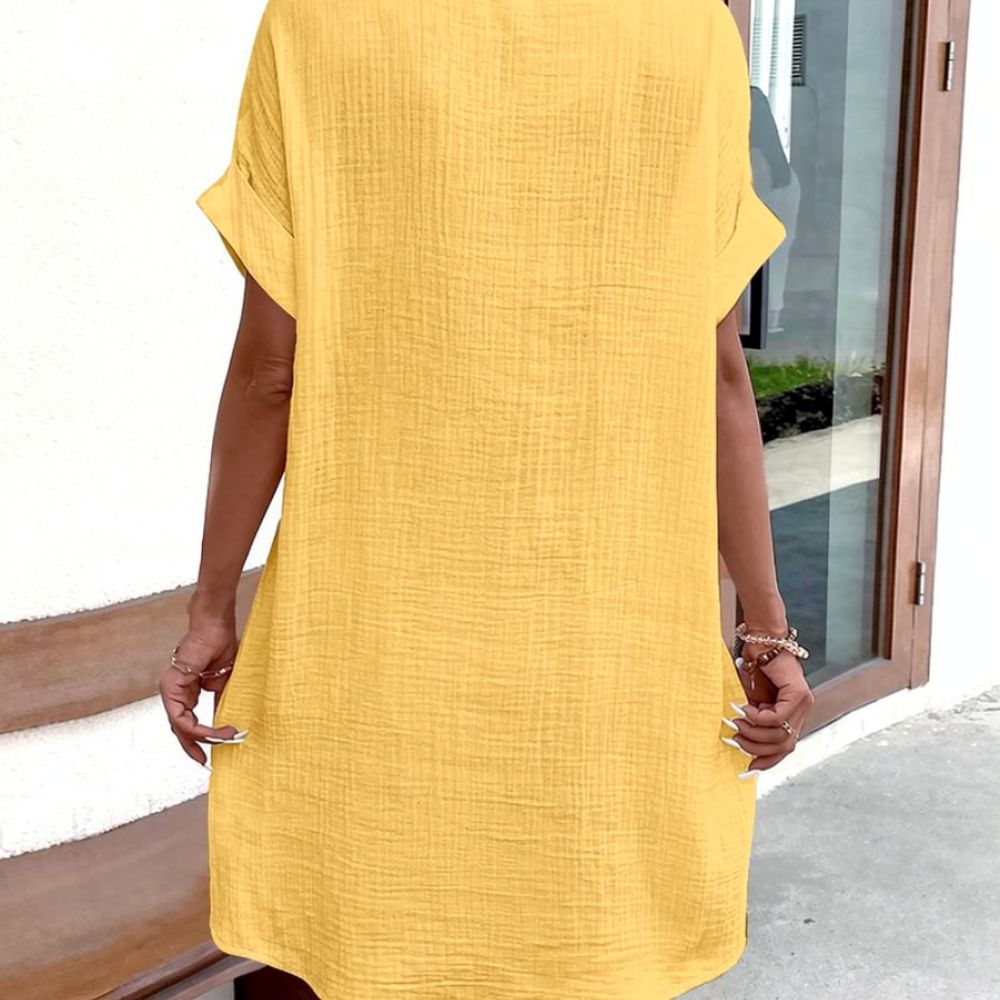 Casual Loose Linen Shirt Dress - Gaun kemeja wanita dengan potongan leher