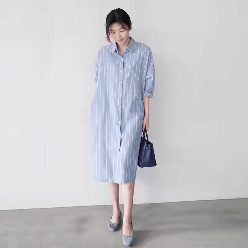 Korean Style A Line Shirt Dress - Gaun Kemeja Bergaris Biru Wanita Model