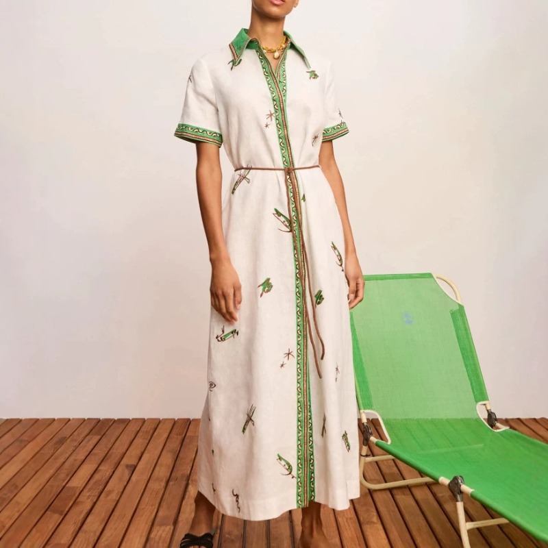 Casual Loose Linen Shirt Dress - Gaun Kemeja Maxi Wanita Motif Bunga