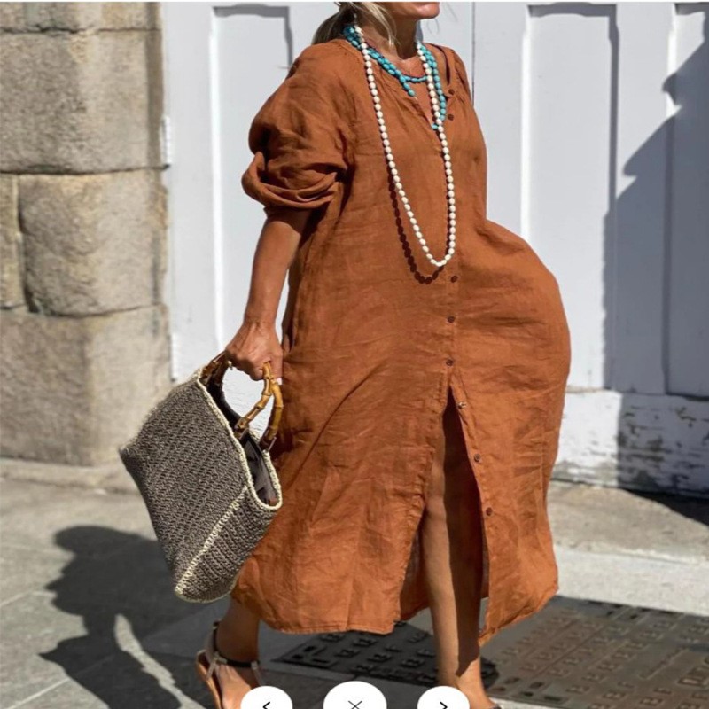 Gaun Linen Katun Musim Semi El - Casual Loose Linen Shirt Dress ulasan dan harga