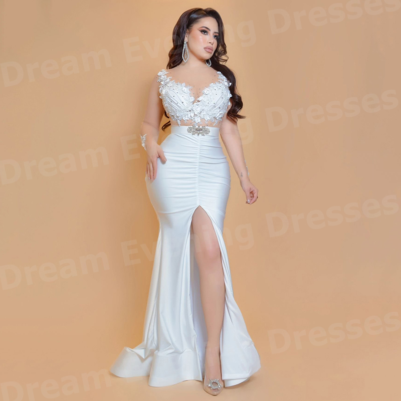Gaun Malam Wanita Putih Elegan - Elegant Satin Evening Gown Split ulasan dan harga
