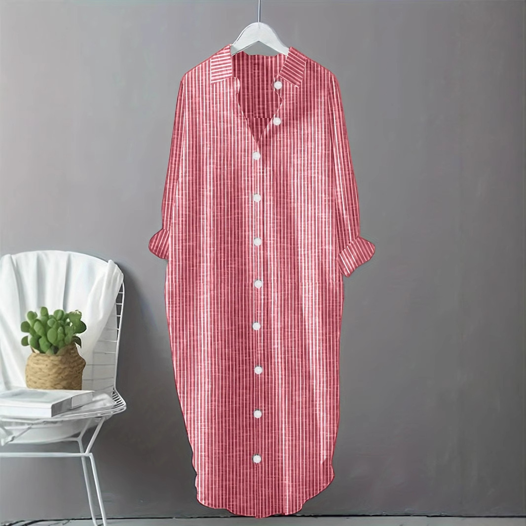 Gaun Kemeja Bergaris Katun Lin - Casual Loose Linen Shirt Dress ulasan dan harga