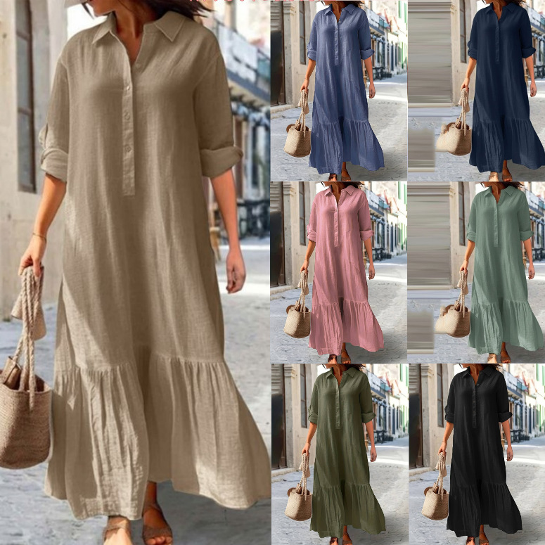 Gaun Kemeja Linen Wanita 2025  - Casual Loose Linen Shirt Dress ulasan dan harga