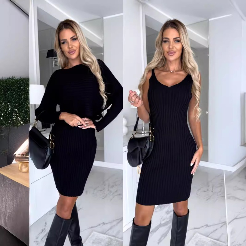 Set 2 Potong Gaya Baru Musim G - Bodycon Long Sleeve Ribbed Dress ulasan dan harga