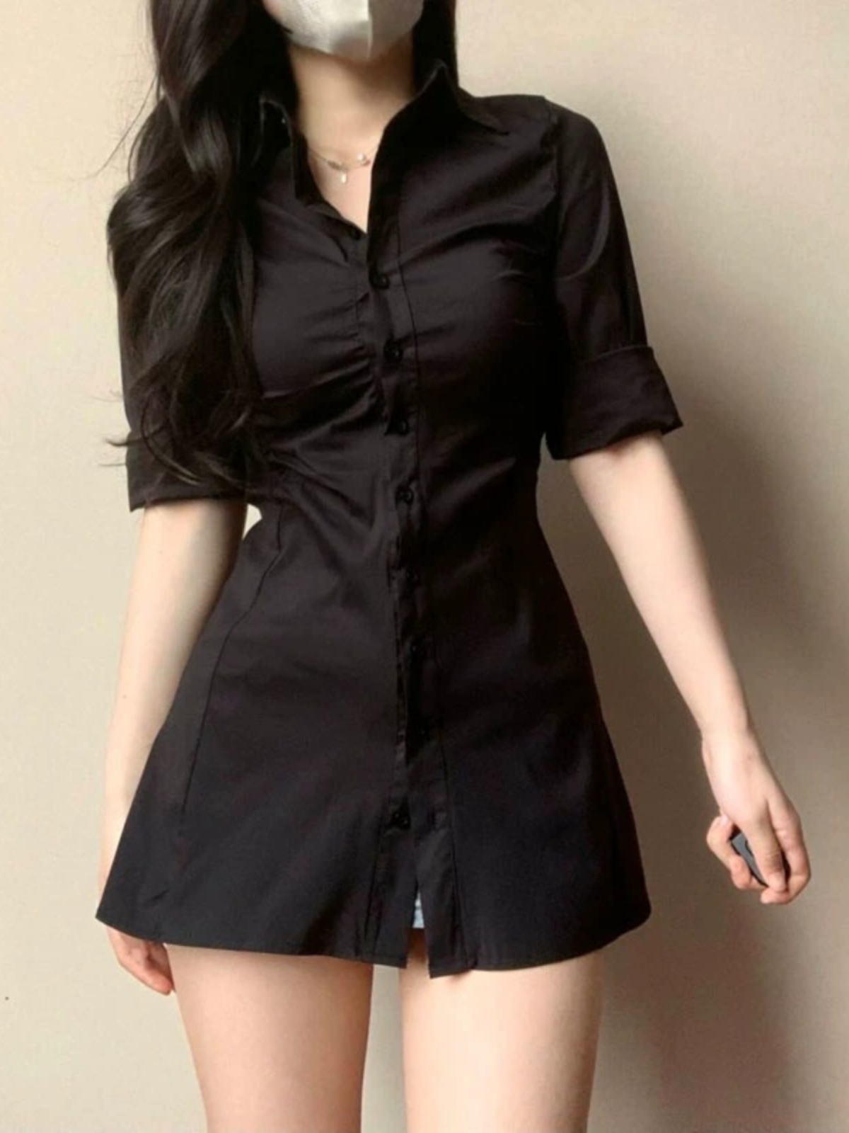 Gaun kemeja berlipit yang seks - Korean Style A Line Shirt Dress ulasan dan harga