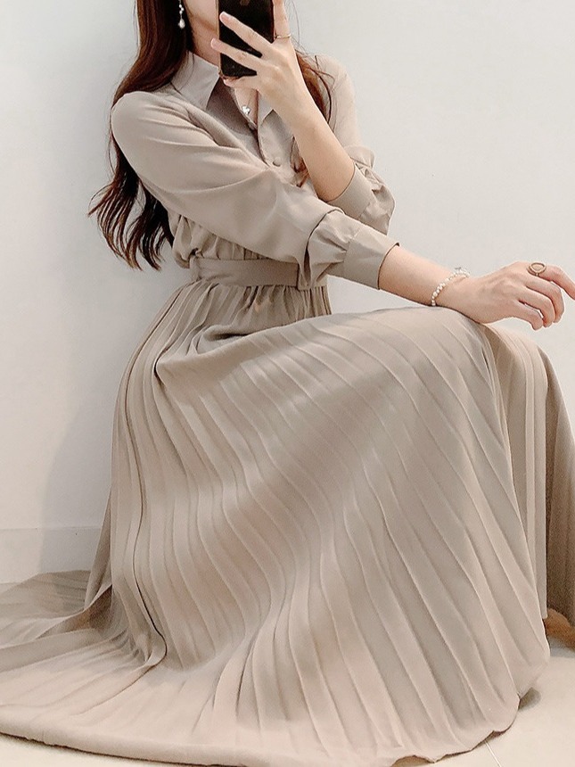 Gaun Kemeja Panjang Lipit Retr - Korean Style A Line Shirt Dress ulasan dan harga