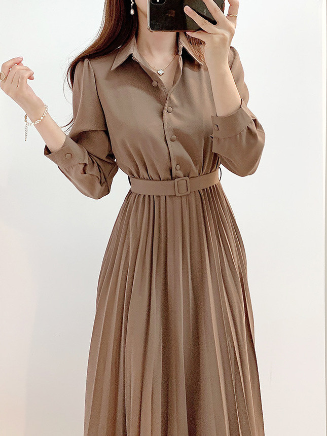 Gaun Kemeja Panjang Lipit Retr - Korean Style A Line Shirt Dress ulasan dan harga
