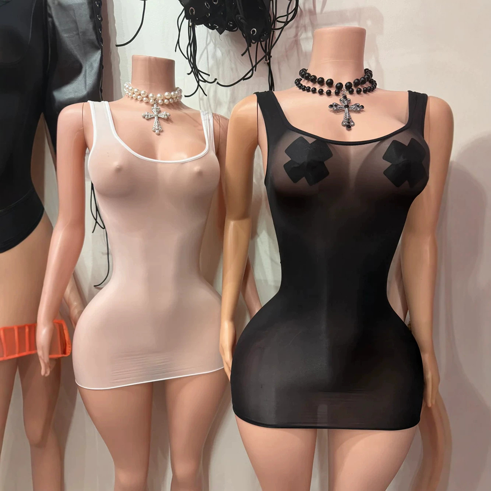 JENYAGE Gaun Mini Tank Top Sek - Sexy Mesh Sheer Bodycon Dress ulasan dan harga
