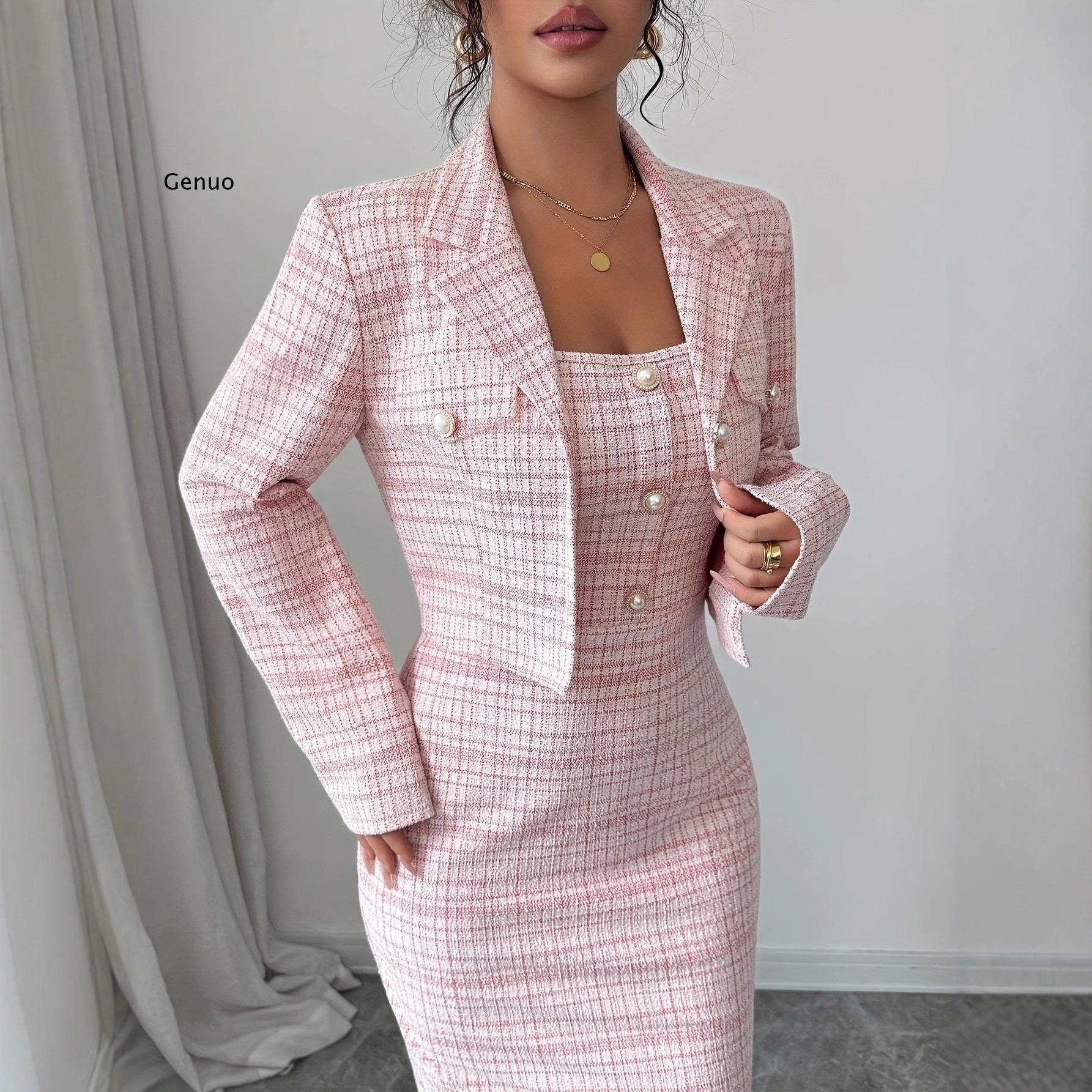 Setelan Tweed Elegan Wanita Te - Tweed Two Piece Blazer Dress ulasan dan harga