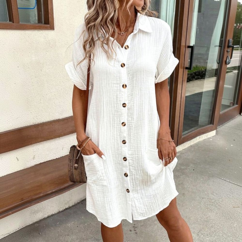 Gaun kemeja wanita dengan poto - Casual Loose Linen Shirt Dress ulasan dan harga