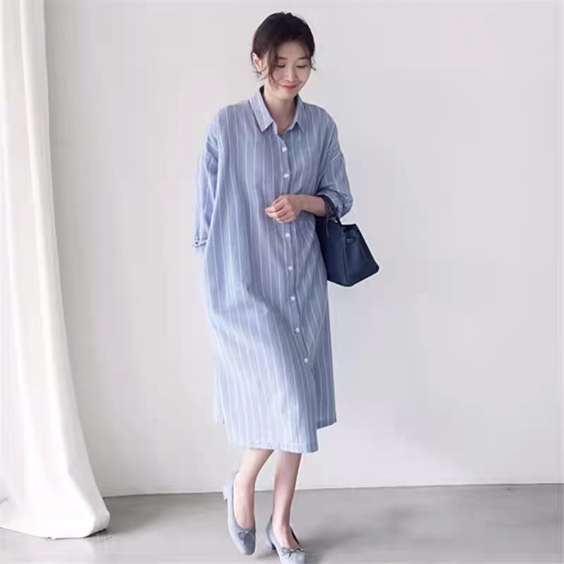 Gaun Kemeja Bergaris Biru Wani - Korean Style A Line Shirt Dress ulasan dan harga