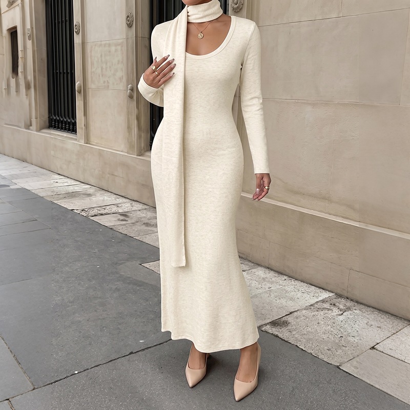 Gaun Maxi Rajut Bergaris Elega - Bodycon Long Sleeve Ribbed Dress ulasan dan harga
