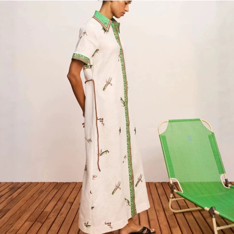 Gaun Kemeja Maxi Wanita Motif  - Casual Loose Linen Shirt Dress ulasan dan harga