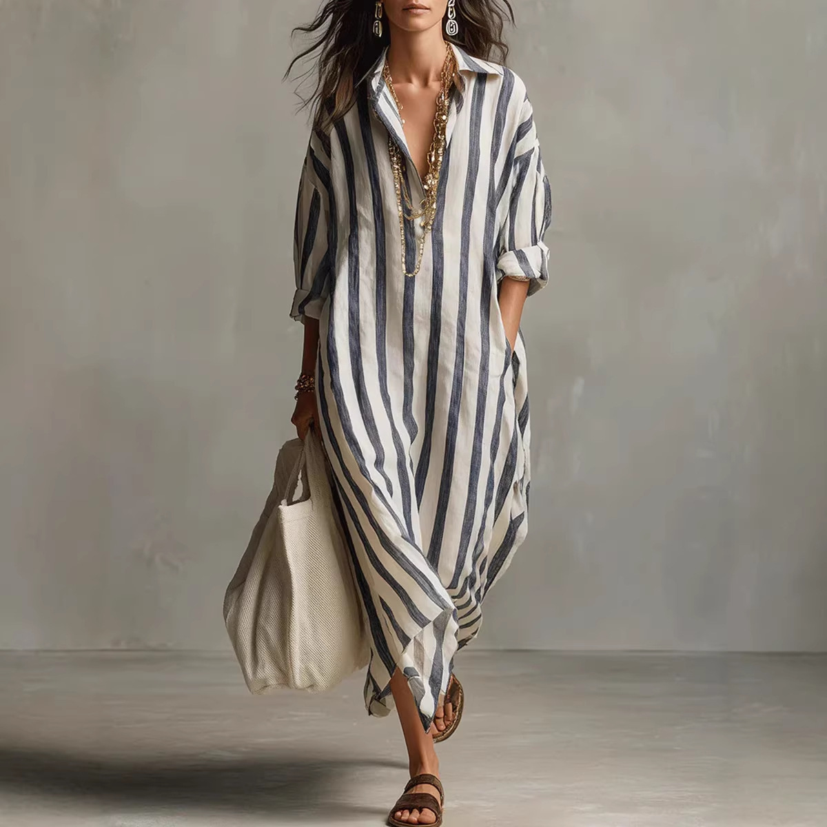 Gaun kemeja linen bergaris ele - Casual Loose Linen Shirt Dress ulasan dan harga